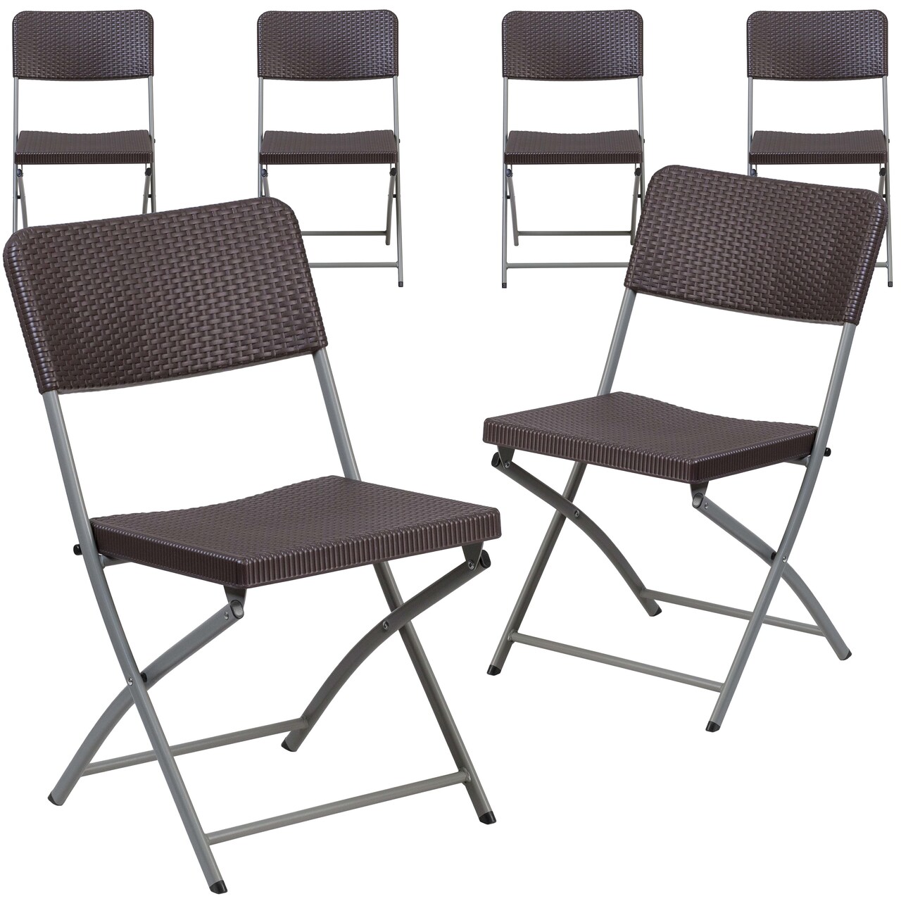 Emma and Oliver 6 Pack Rattan Plastic Folding Chair with Gray Frame